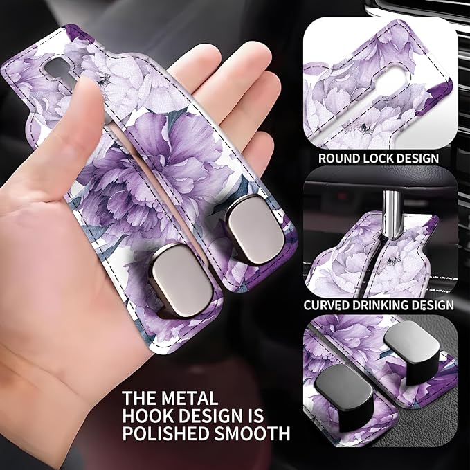 Car Seat Back Storage Headrest Hook, Premium Leather Double Metal Hook, Hanger Storage Organizer for Purse Cloth Bag, Car Interior Accessories Purple Cute Flowers