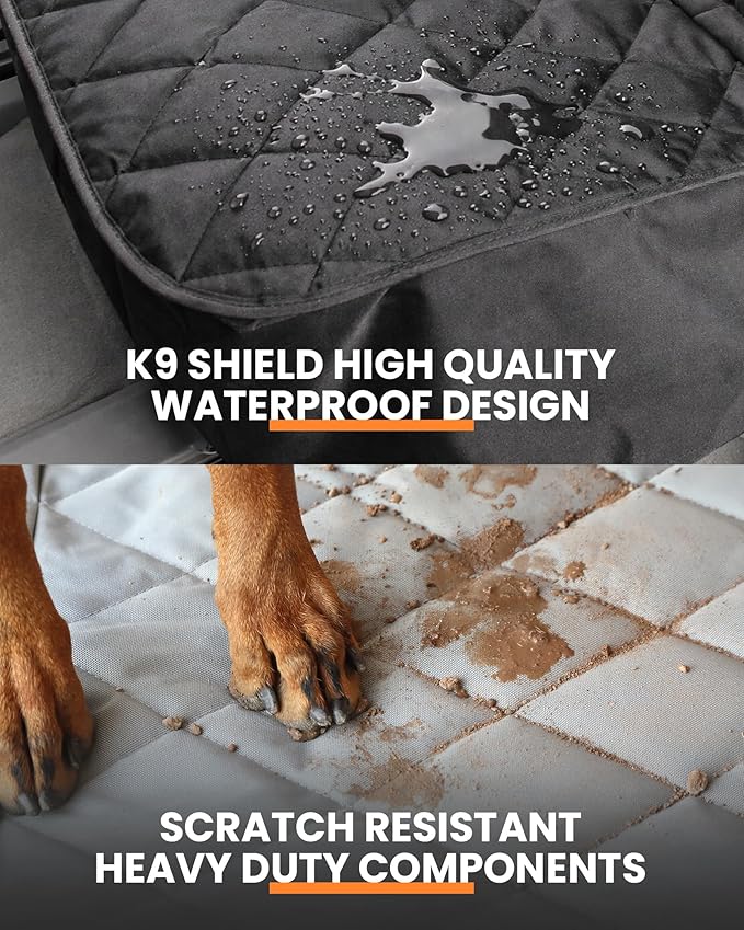 4Knines Dog Seat Cover for Back Seat, Heavy Duty Waterproof Rear Seat Protector for Small Trucks, SUV, Cars - Fits 60/40 Split Bench with Middle Seat Belt, Non-Slip Dog Backseat Cover (Regular, Black)