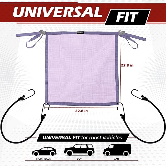 Universal Dog Car Net Barrier – Sturdy Mesh, Easy Install, Breathable Design, Easy to Clean, Flexible Bungee Cords for Adjustable Fit 23"×23" (Purple)
