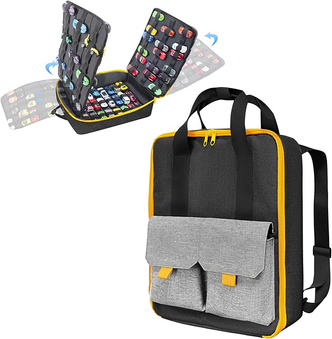 KISLANE Car Storage Backpack Organizer with Elastic Slots – Portable Backpack Carrying Case for 1:64 Scale Cars, Hands-Free Travel Storage Bag for Collection and Organization