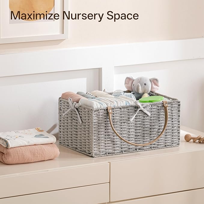 Angelhood Large Paper Rope Diaper Caddy, Baby Essentials Organizer, Portable Baby Shower Baskets Gift Bin, Car Storage Bag for Nursery