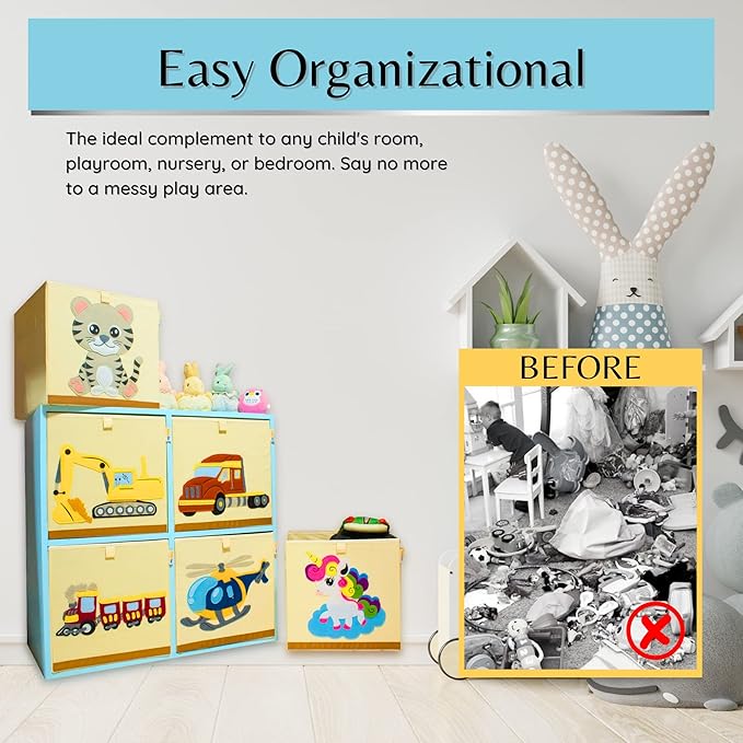 Washable Cube Storage Organizer Bins, Foldable Canvas Toy Organizers and Storage for Toys, Books, Clothes- Kids Storage Bins for Bedroom or Playroom -13x13x13 Inch (School Bus)