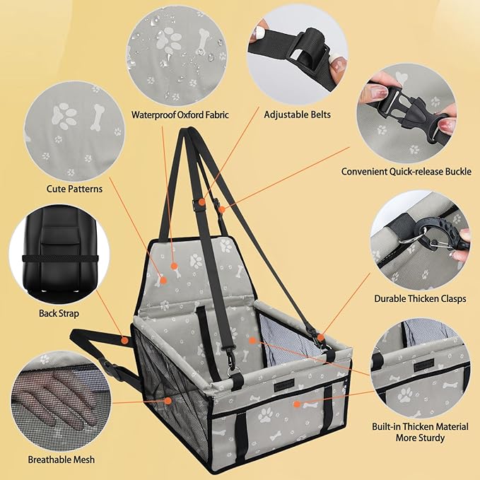 PetsHome Dog Car Seat Foldable Dog Car Booster Seat Waterproof Breathable Oxford Travel Bag for Small to Medium Dogs, Puppies, and Pets-Pattern Grey+Mat