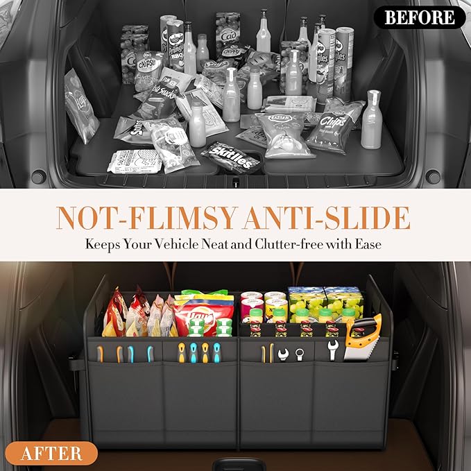 Trunk Organizer For Suv & Sedan,Car Organizers and Storage, Waterproof Collapsible & Adjustable Straps,75L Sturdy Car Organization for Car Accessories, Tools,Sundries,2-3 Compartment（Black）