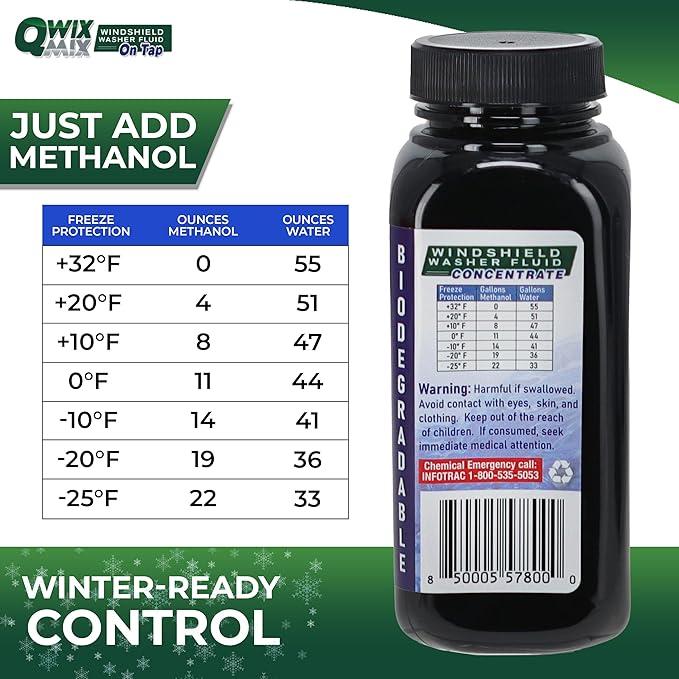 Qwix Mix Windshield Washer Fluid Concentrate, 1 Bottle Makes 55 Gallons - 100% Biodegradable Grime & Dirt Remover, Superior Commercial Grade Glass Cleaner, Single