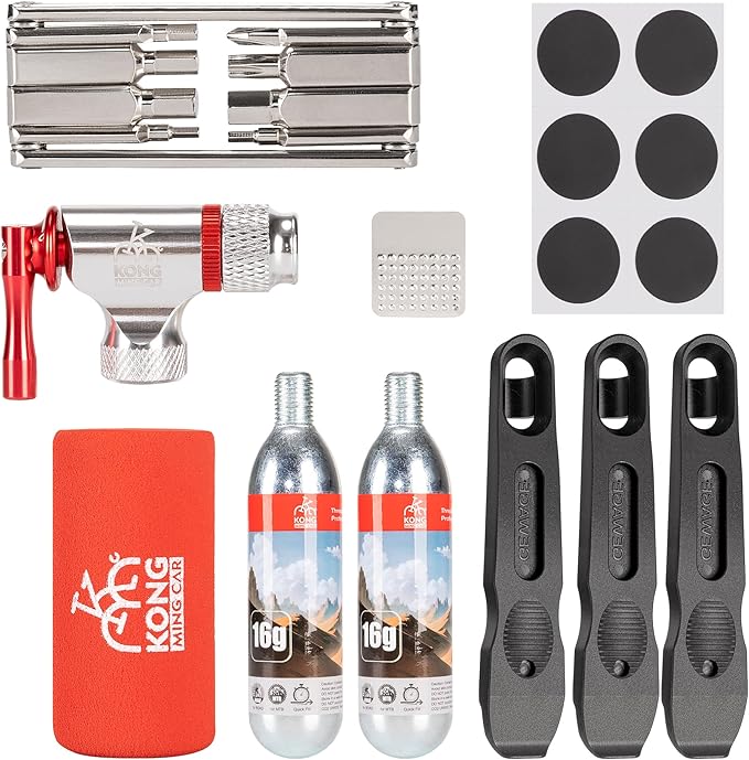 Bike Repair Tool Kit-Co2 Inflator Kits with Co2 Cartridges,8 in 1 Multi Tools, Tire Tube Patches & Tire Levers Included- Bike Maintenance Emergency Repair Tool Kit