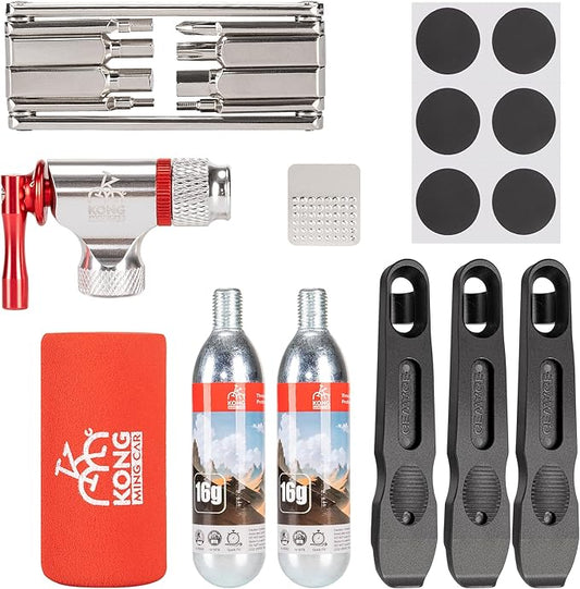 Bike Repair Tool Kit-Co2 Inflator Kits with Co2 Cartridges,8 in 1 Multi Tools, Tire Tube Patches & Tire Levers Included- Bike Maintenance Emergency Repair Tool Kit