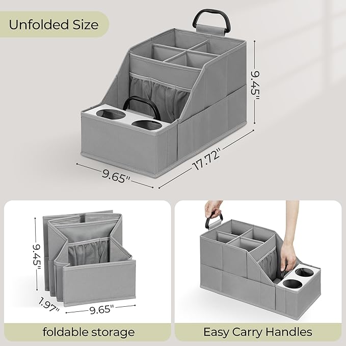 Easi Foldable Car Seat Organizer With 12 Storage Compartments 2 Metal Cup Holders, 1 Pack Back Seat Car Organizer For Car Accessories, Front Seat organizer For SUV Truck Van Sedans, Gy