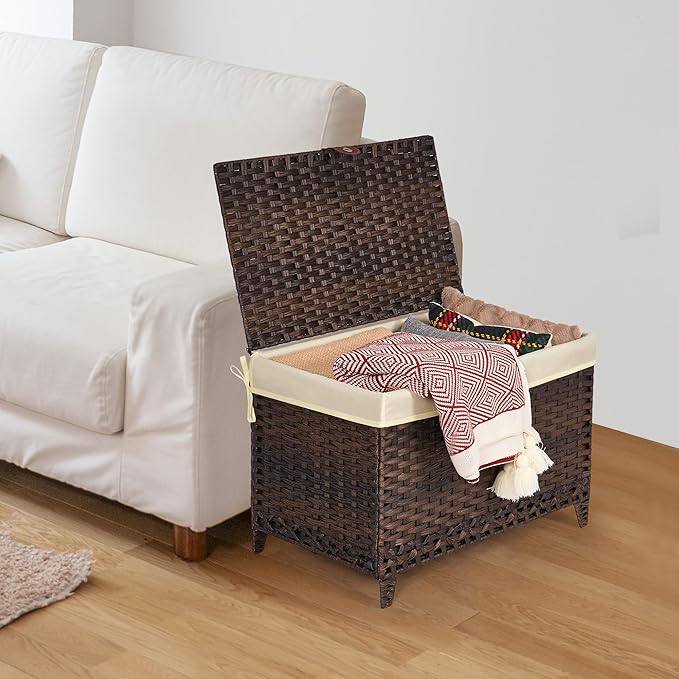 Honjourai Wicker Storage Basket with Lid,Rattan Shelf Basket with Removable Liner Bag,105L Storage Bin,Storage Trunk with Heightened Feet,Storage Container for Wardrobe,Home Organizer