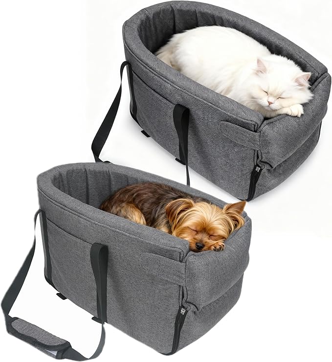 Small Dog & Cat Car Seat, Detachable Seat, Console Fit, Adjustable Straps, Storage Pocket & Clip-On Leash - Ideal for Pets Under 15 lbs