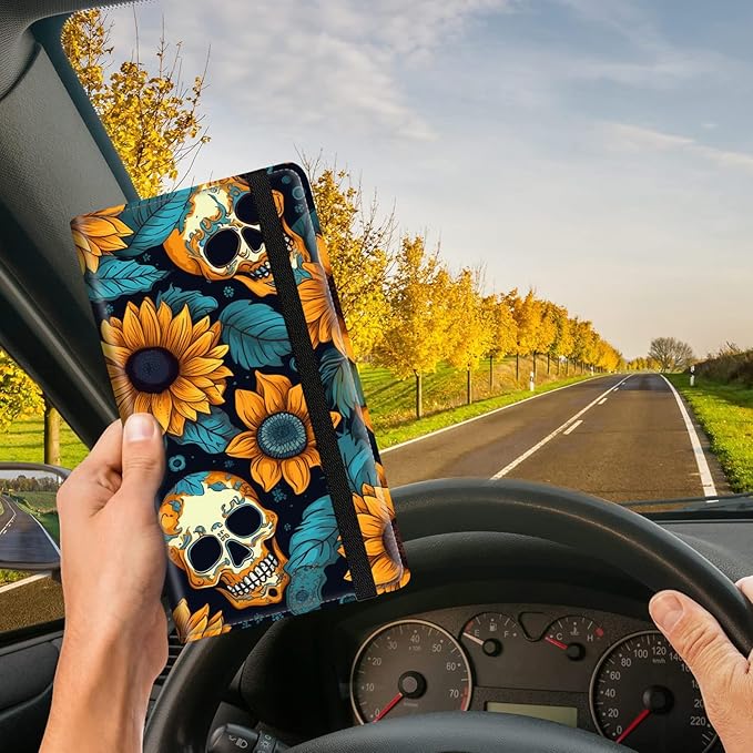Car Registration and Insurance Card Holder, Vehicle License Documents Glove Box Compartment Organizer Wallet, ID Card Holder for Car Essentials Automobile, Skull And Sunflowers