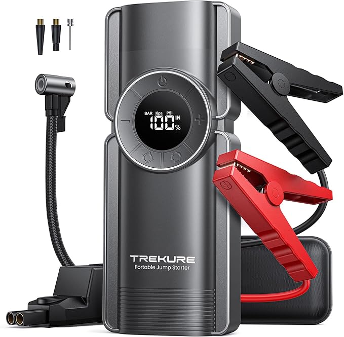 TREKURE Portable Car Jump Starter with Air Compressor, 150PSI 5000A Car Battery Jump Starter Battery Pack (9L Gas/8L Diesel), Safe Jumper Starter Portable Jump Box with Display, Emergency Light
