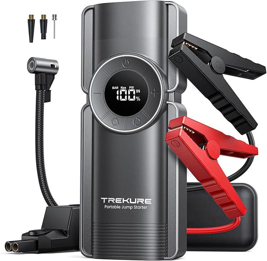 TREKURE Portable Car Jump Starter with Air Compressor, 150PSI 5000A Car Battery Jump Starter Battery Pack (9L Gas/8L Diesel), Safe Jumper Starter Portable Jump Box with Display, Emergency Light