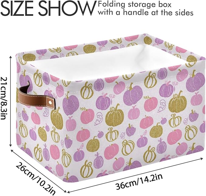 Wamika Pumpkin Pink Purple Storage Basket with Waterproof Liner and PU Handles Fall Thanksgiving Day Storage Bins Boxes 14.2" Collapsible Decorative Organizer Baskets for Bedroom Closet Office 1 Pack