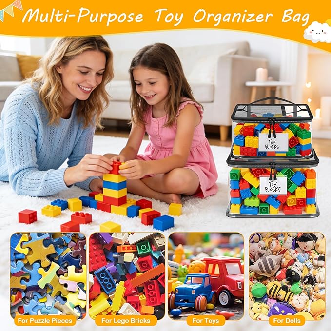 6 Pack Large Toy Storage Bags, Clear Toy Organizer with Labels, Waterproof PVC Toy Organization and Storage for Building Blocks, Puzzles, Dolls and Board Games, Mixed Pack for Kids Ages 3+