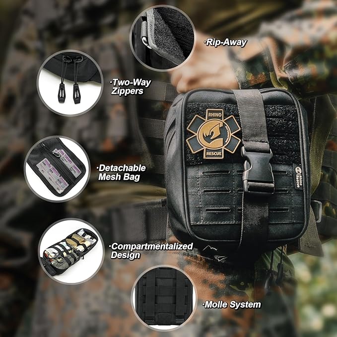 RHINO RESCUE IFAK Trauma Kit with C-A-T Tourniquet for Wound Care, Tactical First Aid Kit Molle Pouch for Military, Combat, Car, Camping, Hiking, Travel (Black)