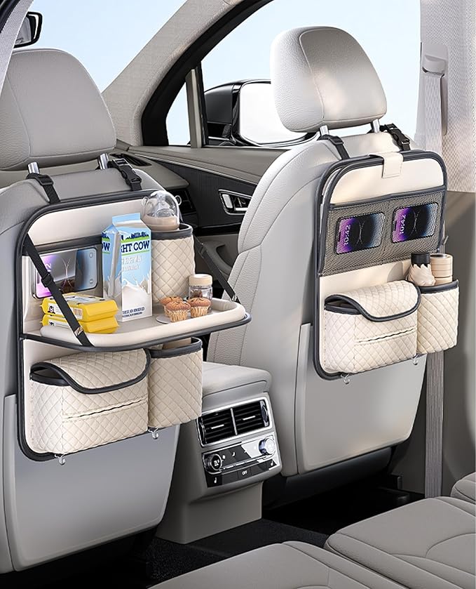 Leather Backseat Car Organizer with Tray & Cup Holder - Car Seat Organizer for Kids, Women, Road Trip Essentials for SUVs, Trucks and Cars (Beige)