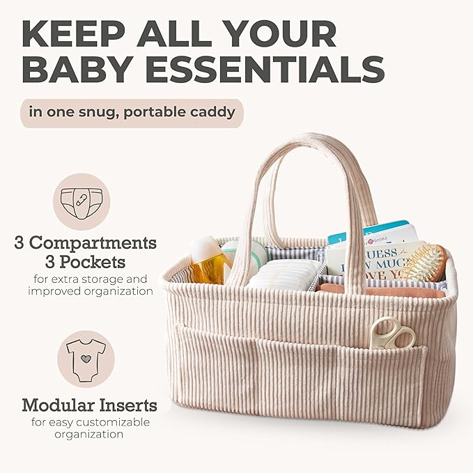Diaper Caddy Organizer - Baby Pink Curdoroy Baby Storage Bin for Nursery & Car | Baby Shower Basket & registry Essential