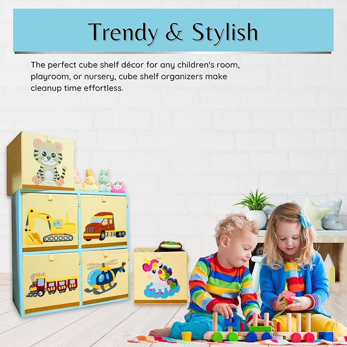 Washable Cube Storage Organizer Bins, Foldable Canvas Toy Organizers and Storage for Toys, Books, Clothes- Kids Storage Bins for Bedroom or Playroom -13x13x13 Inch (School Bus)