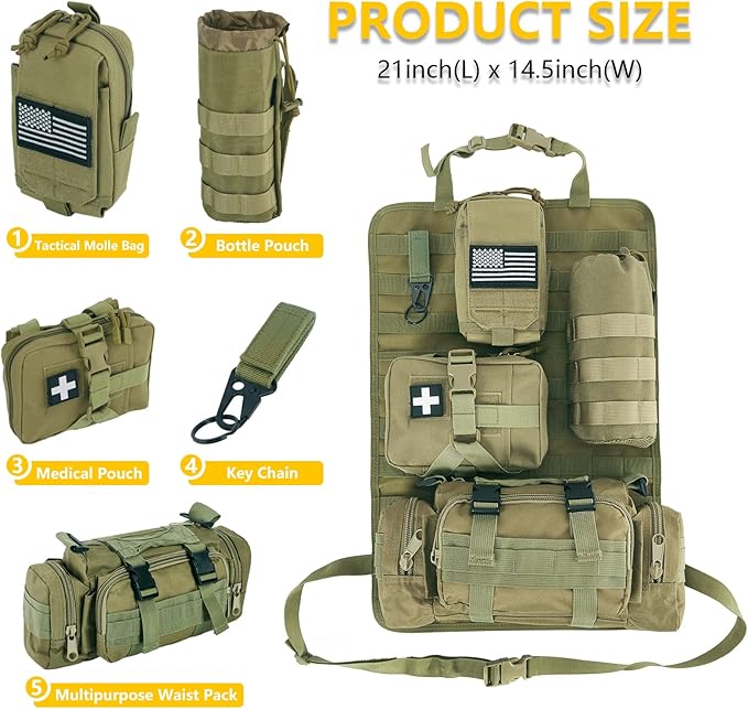 BXBXHD Universal Tactical Car Seat Back Organizer Bag - Molle Vehicle Organizers Panel with 4 Detachable Pouches (Military Green)