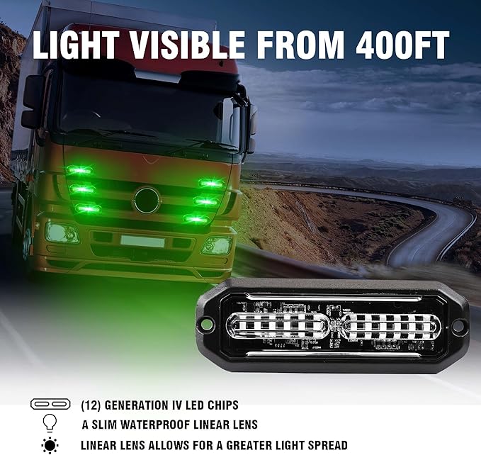 WINECO 8PCS LED Strobe Lights 12V Sync Feature Green 12LED Emergency Hazard Warning Lights with Strobe Controller for Trucks Vehicles ATV RV Cars Van