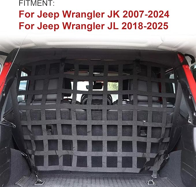 G Dog Barrier Rear Cargo Net Compatible with Jeep Wrangler Accessories JK JL Unlimited Sahara 4-Door 2007-2025, Safety Mesh Pet Divider for Medium, Large Pets, Easy to Install