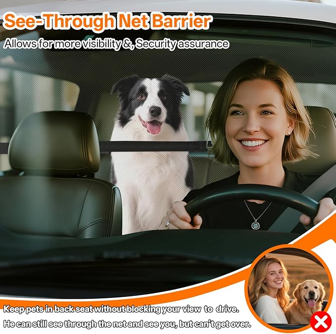 Dog Barrier for SUV - 50" Wide Escape-Proof Dog car Divider Back seat Barrier, Durable Nylon/PVC Mesh Net | Foldable Car Dog Barrier for Trucks, Mid-Sized Vehicles & SUVs