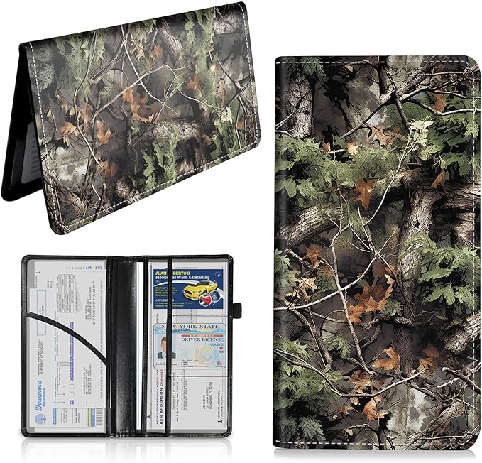 Car Registration and Insurance Card Holder, Vehicle License Documents Glove Box Compartment Organizer Wallet, ID Card Holder for Car Essentials Automobile, Camo Tree Branches