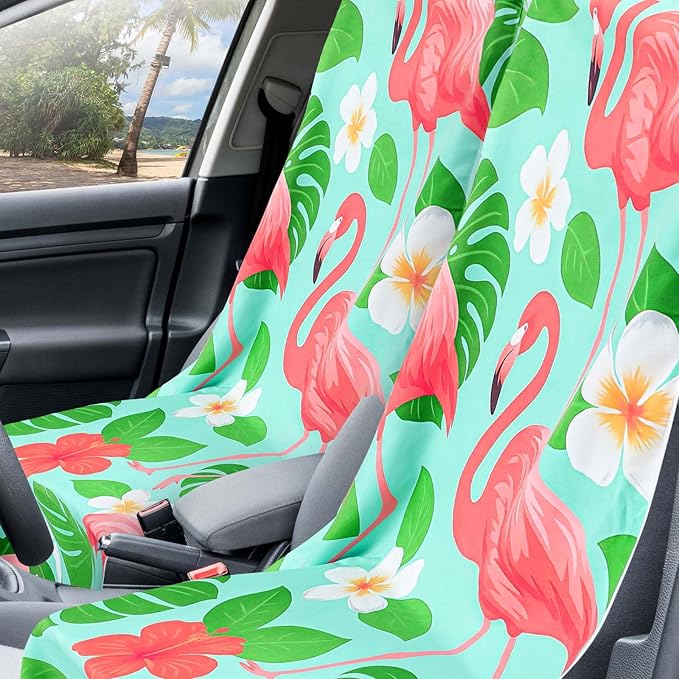 Hahafelt 2 Pack Car Seat Towel Covers with Storage Bag 63 x 32 Inch Athletic Running Towel Seat Sweat Washable Non Slip Cover Gift for Car Outdoor Sport Activities (Green Leaf Flamingo)