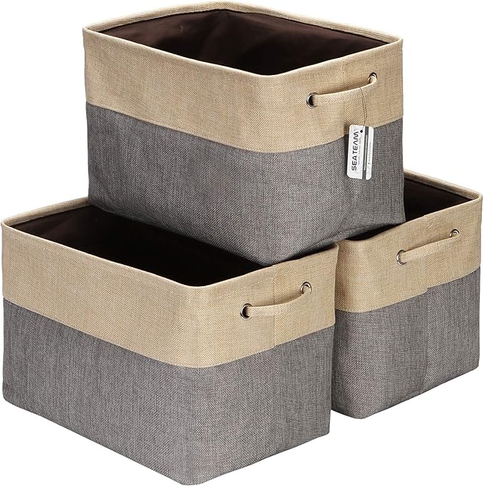 Sea Team 3-Pack Large Storage Basket Set, Trunk Organizer, Clothes Toys Bin, 15 x 10 x 10 Inches, Big Rectangular Canvas Fabric Collapsible Shelf Box with Handles for Kids Room (Grey/Beige)