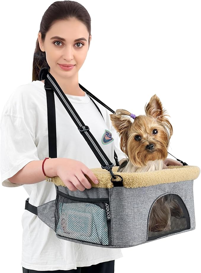 ROODO Deluxe Dog Booster Seat with Height-Adjustable Foldable Metal Frame and Safety Leash,Portable Pet Car Seat for Under 20lb Puppy Cats with Plush Thick Cushion Mesh Window Pockets(Khaki)