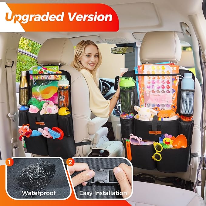 SURDOCA Upgraded Car Organizer with 11-inch Tablet Holder, 8 Pockets, Car Seat Protector for Road Trips - Car Storage and Organizers for Kids
