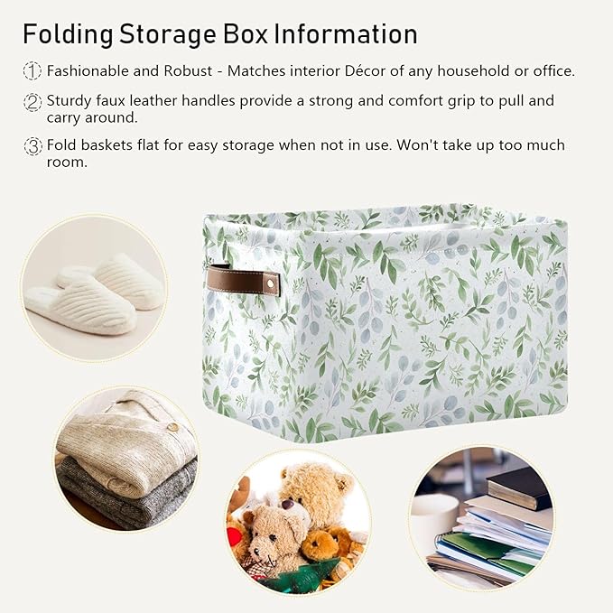 Wamika Eucalyptus Leaves Storage Basket with Waterproof Liner and PU Handles Green Leaf Storage Bins Boxes 14.2" Collapsible Decorative Organizer Baskets for Bedroom Closet Office 1 Pack
