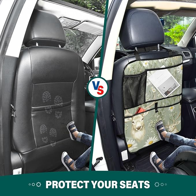 Sage Daisy Deer 1 Pack Backseat Car Organizer with Storage Pockets Seat Back Organizers for Kids Kick Mats Backseat Protector Automotive