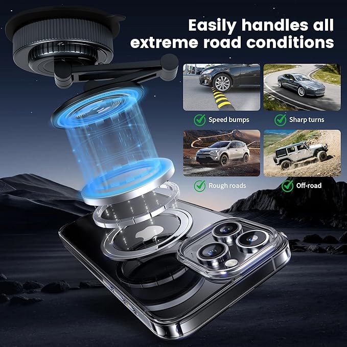 PIEPIE Magnetic Car Phone Holder Mount Heavy Duty Metal Dash/Windshield Large Suction Cup for Non-Smooth Leather/Plastic Surfaces, 360° Adjustable Phone Stand for iPhone Android Truck Car Accessories