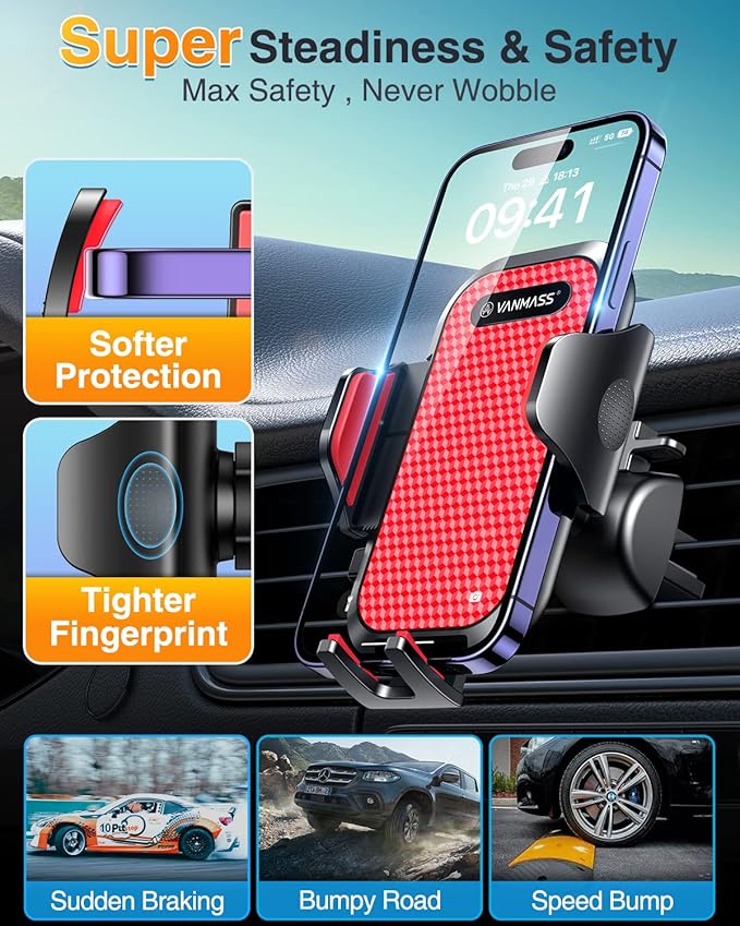 VANMASS [Pro Version] Universal Car Phone Mount [Super Suction Cup] Dashboard Phone Holder, Handsfree Windshield Dash Vent Phone Holder Car, Compatible for iPhone 17 16 15 14 Samsung LG & Truck,Red