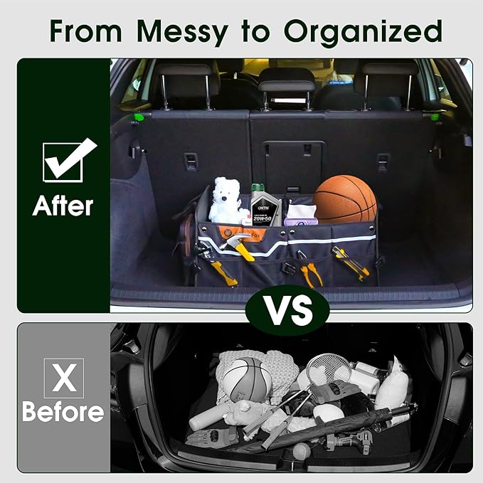 Car Trunk Organizer for SUV, 70L Heavy Duty Waterproof Trunk Organizer, Foldable Vehicle Organizer with Anti-Slip Base, 24”x13.8”x11.8”, BLACK-M003