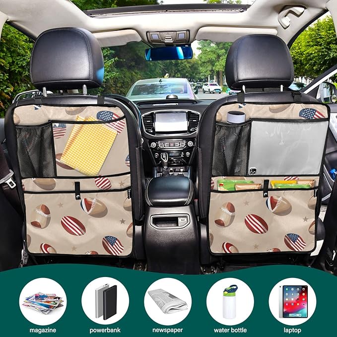 Brown Football and Flag 2 Pack Backseat Car Organizer with Storage Pockets Seat Back Organizers for Kids Kick Mats Backseat Protector Automotive