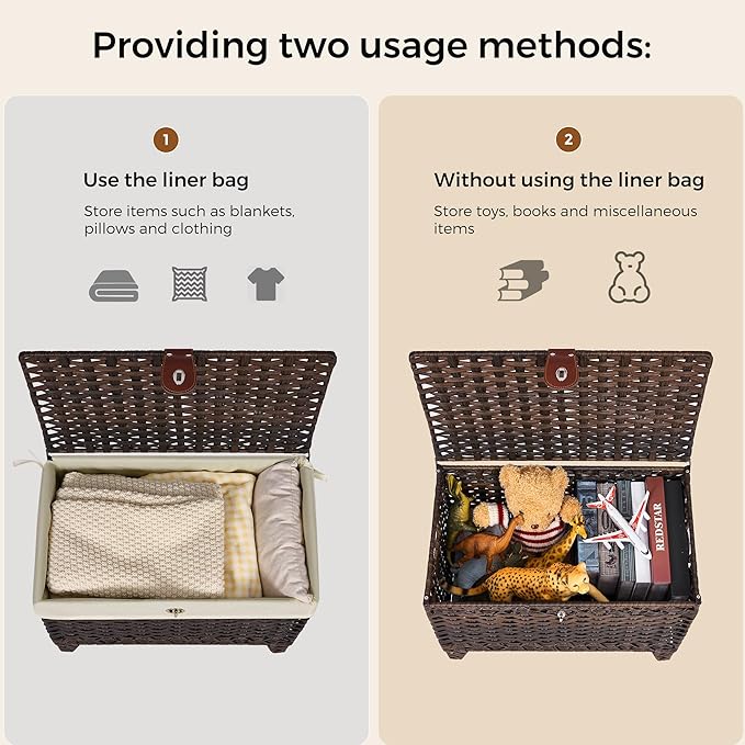Honjourai Wicker Storage Basket with Lid,Rattan Shelf Basket with Removable Liner Bag,65L Storage Bin,Storage Trunk with Heightened Feet,Storage Container for Wardrobe,Home Organizer