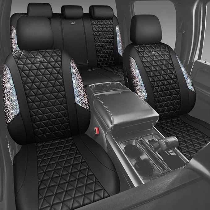CAR PASS Bling Diamond Leather Car Seat Covers for 2 Front Interior Sets, Waterproof Shining Glitter Sparkly Crystal Universal Armrest Automotive Truck SUV Cute Women Girl, Black Multicolor Rhinestone