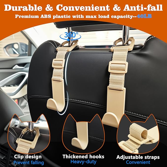 Amooca Car Headrest Hooks 4 Pack Adjustable Universal Fit Auto Seat Back Organizer Storage Hanger Purse Bags Holder with Clip Beige