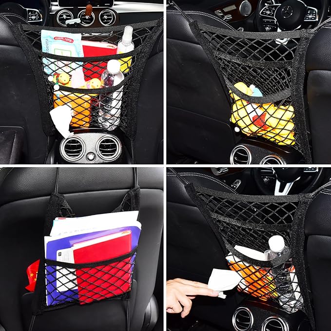 3-Layer Car Mesh Organizer Between Front Seats, 11.8 x 10.6 Inch Car Net Kid Pet Dog Net Barrier with Elastic Storage Pockets for Purses, Tissues, Fits SUV and Van