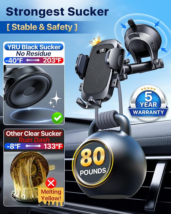 YRU [True Upgrade for Safety] Car Phone Holder Mount [Patent & Military-Grade] Dashboard Cell Phone Holder for Car Vent Windshield Phone Stand for iPhone 17 16 15 14 13 Pro Max Truck Samsung, Black