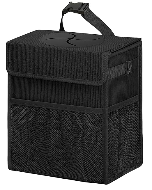 Corduroy Car Trash Can with Lid and Mesh Pockets - Leakproof Organizer,Multipurpose Waterproof Garbage Can/Trash Bin for Car(Black-3 Gallons)