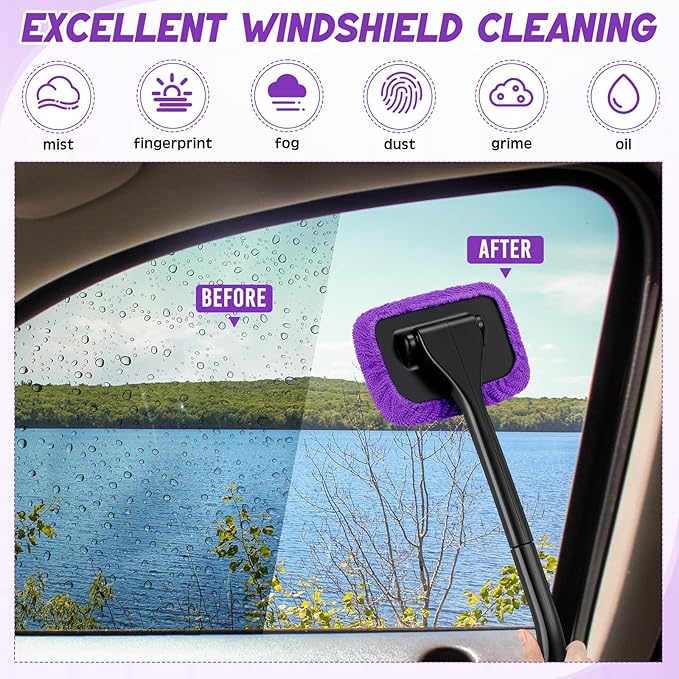 FoldTier 8 Pcs Car Windshield Cleaner Tool Kit with Removable Handle, Microfiber Towel Pads, Brush, Empty Spray Bottle for Auto Glass Wiper Suvs Rvs & Home Windows(Purple)