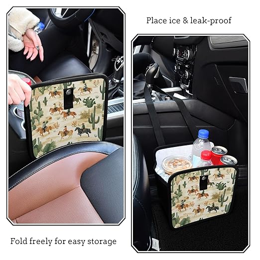 Car Trash Can Organizer Bin with Adjustable Strap for Back Front Seat Console Waterproof Leakproof Collapsible Portable 11 Inch Cute Cacti Desert Cowboys Horses