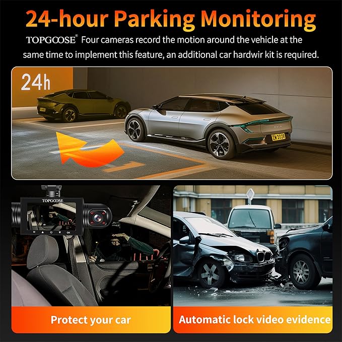4 Channel Dash Cam 360° View, TOPGOOSE 2K Front and Rear Inside, Left Right Dash Camera for Cars, 8 IR Lamps Night Vision, 5G WiFi & APP Control, G-Sensor, Parking Mode, with a Free 64GB SD Card