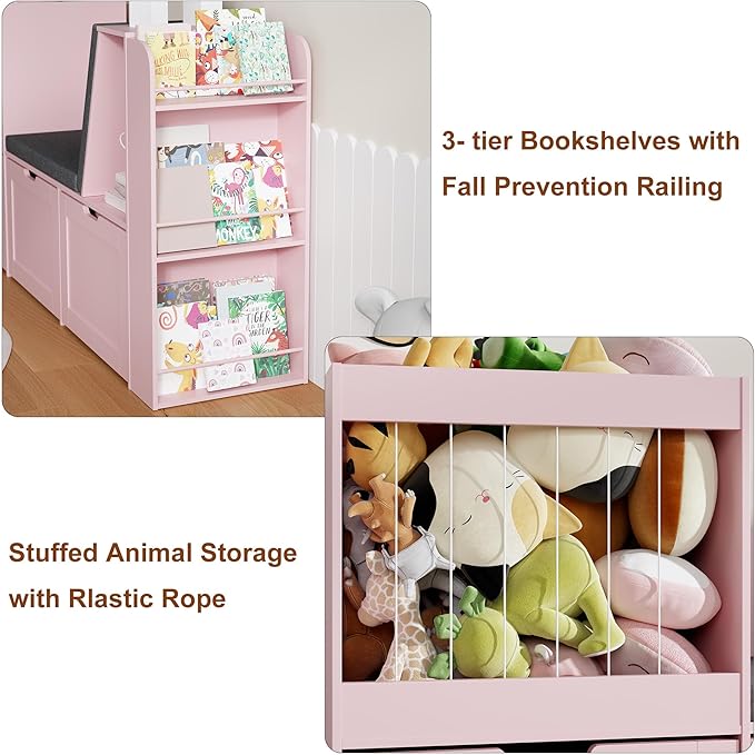 66.9" Kids Reading Nook, Toy Storage Organizer with Stuffed Animal Storage, Bench and Removable Cushions, Wooden Toddler Bookshelf with 3 Movable Drawers for Nursery, Playroom (Pink)