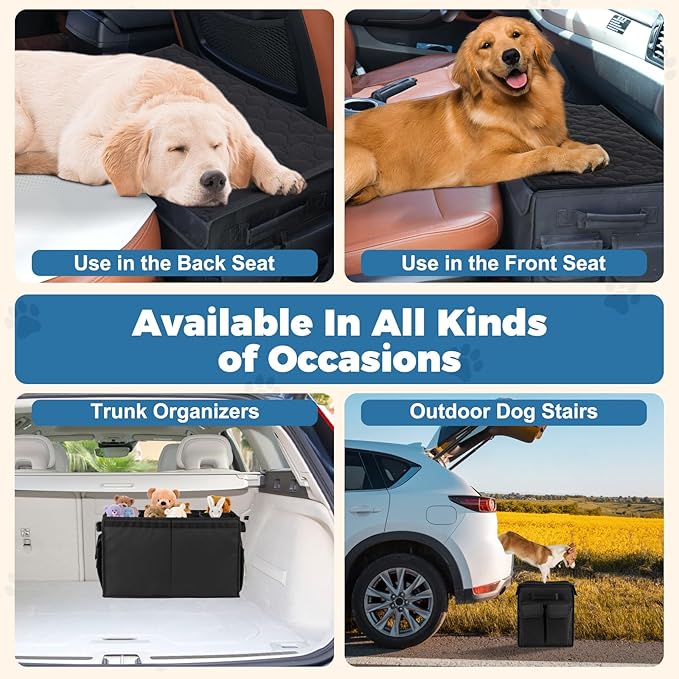 Back Front Seat Extender for Large Dogs Up to 200 Lbs, Adjustable Dog Back Seat Extender with Cushion & Storage Box, Car Organizer Gap Filler for Front or Back Seat