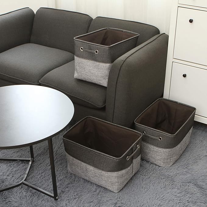 Sea Team 3-Pack Large Storage Basket Set, Trunk Organizer, Clothes Toys Bin, 15 x 10 x 10 Inches, Big Rectangular Canvas Fabric Collapsible Shelf Box with Handles for Kids Room (Grey/Black)